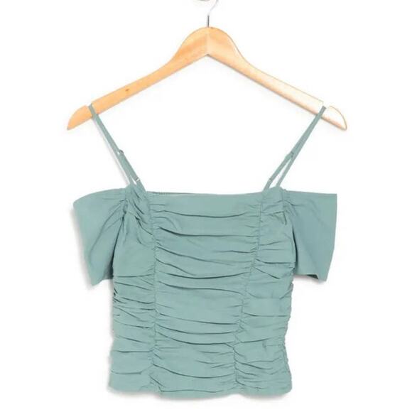 ASTR Dark Sage Ruched Off The Shoulder Smocked Top - S - Picture 1 of 5